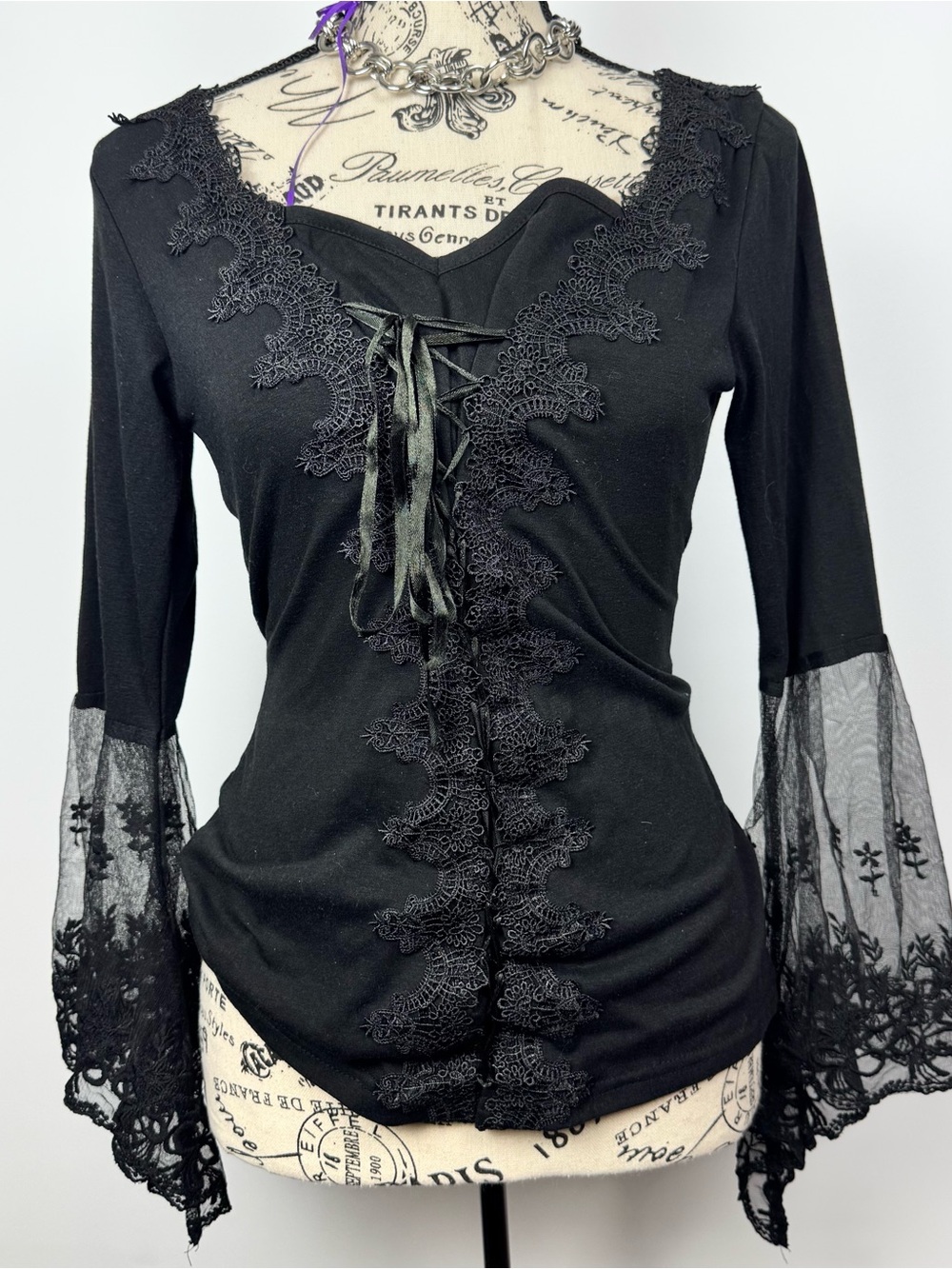 Black Lace-Up V-Neck Lace Trim Top - Women